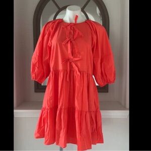 Cinq A Sept Lynn Tiered Ruffle Puff Sleeve Bow-Detail Dress in Neon Coral